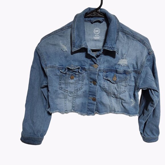 Wonder Nation Jean Jacket Girls Medium Cropped Distressed Medium Wash Denim Coat - Picture 1 of 4